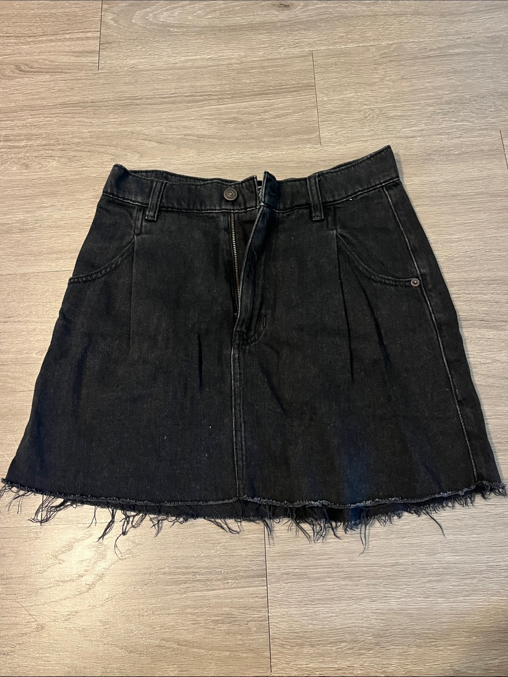 Free People Black Denim A-Line Mini Skirt with Frayed Hem